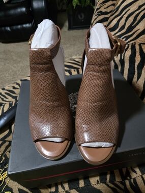 Vince Camuto Brown Snake-Embossed Peep-Toe Ankle Heels